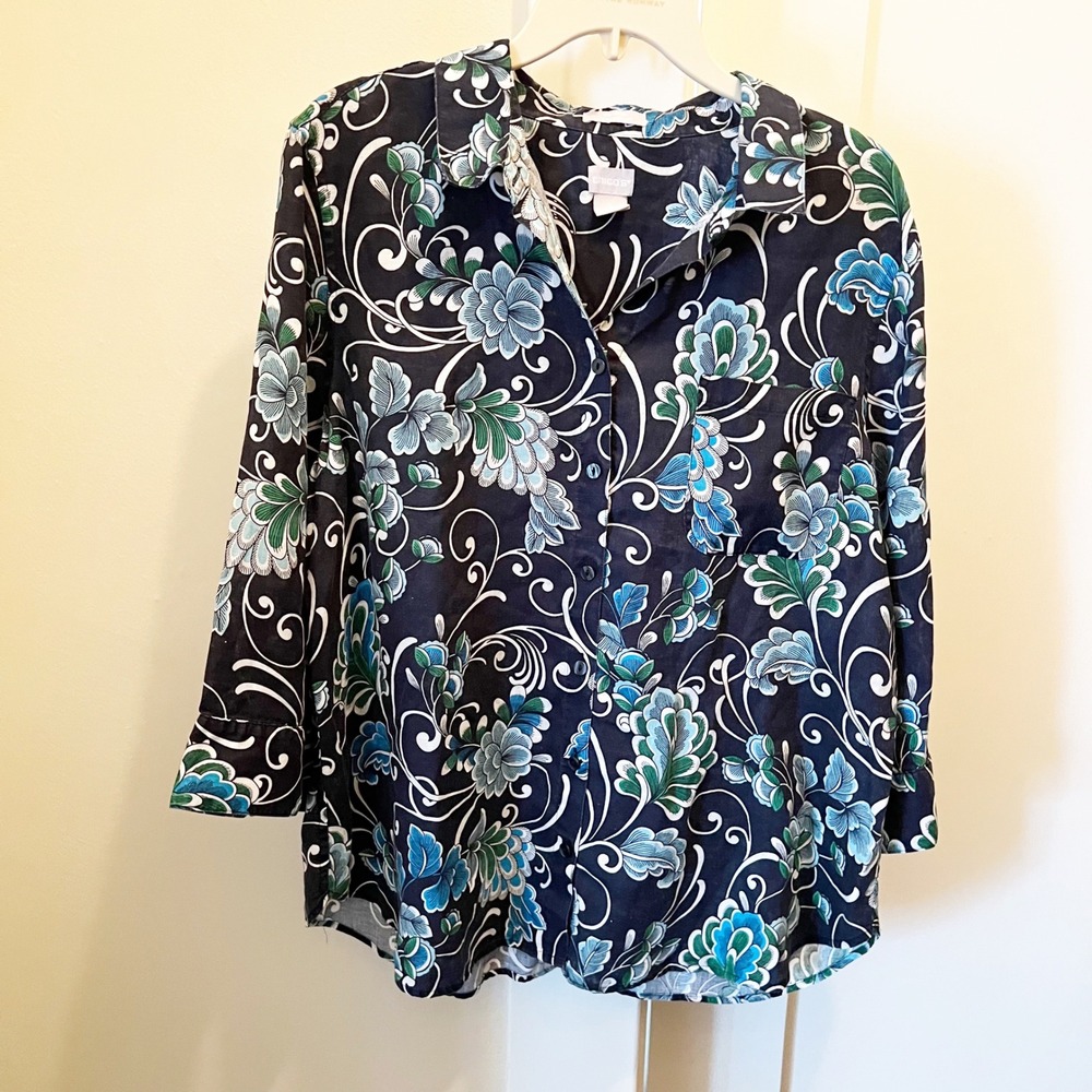 Chico's‎ Linen Top Size 3 No Iron FreshChic Ornate Blue Button Front Office Work